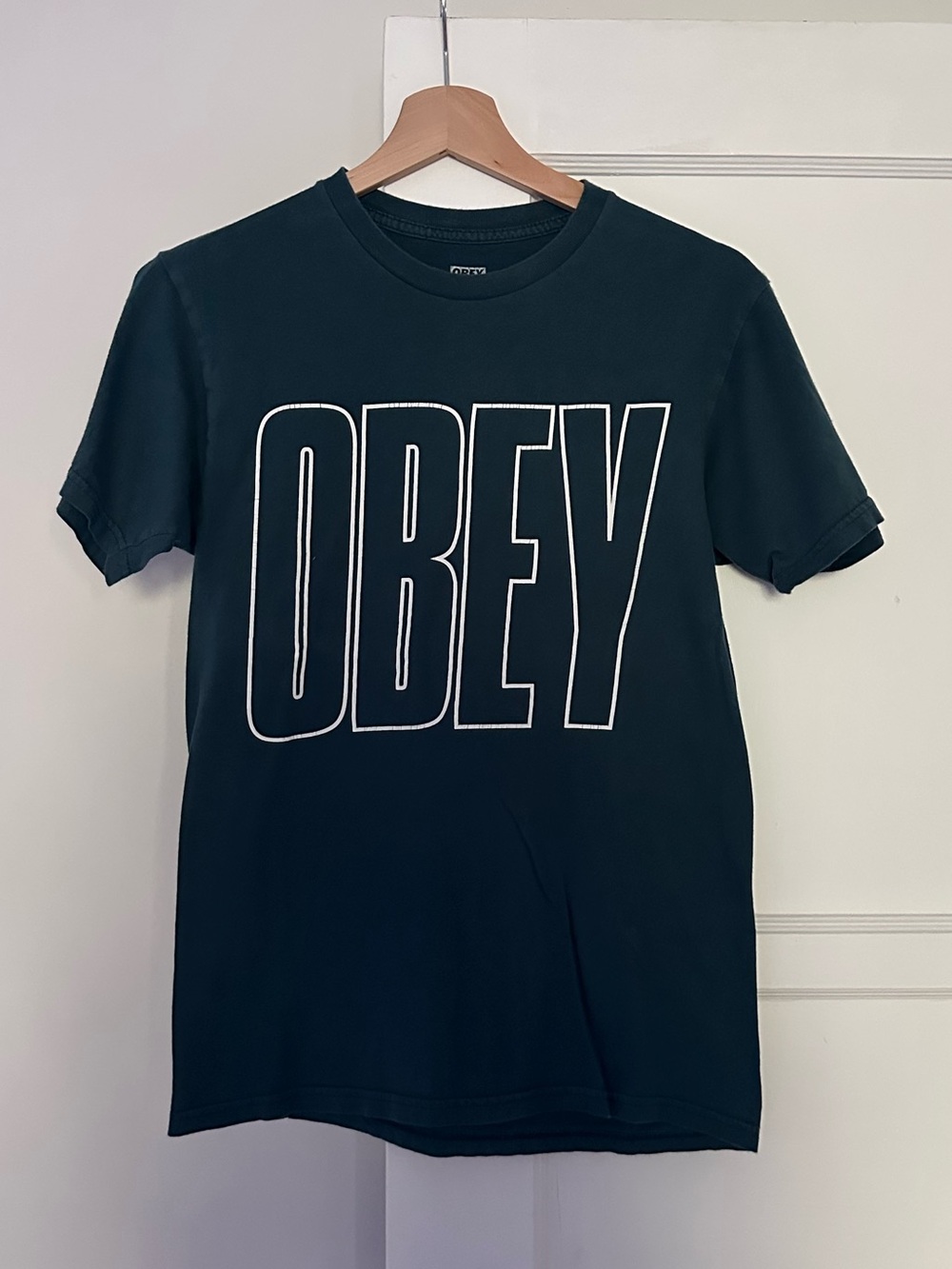 OBEY Quality Dissent Oversized Logo Tee — Size S — Dark Teal/Forest